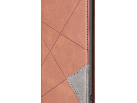 iPhone 14 Plus Læder Flip Cover m. Geometriske Linjer - Brun For Cheap