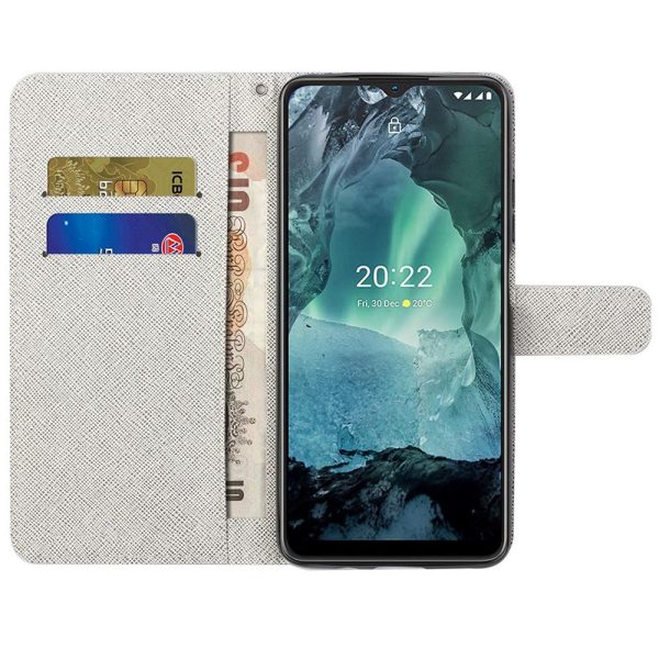 Nokia G21   G11 Læder Cover m. Pung og Print - Farverig Fjer Online